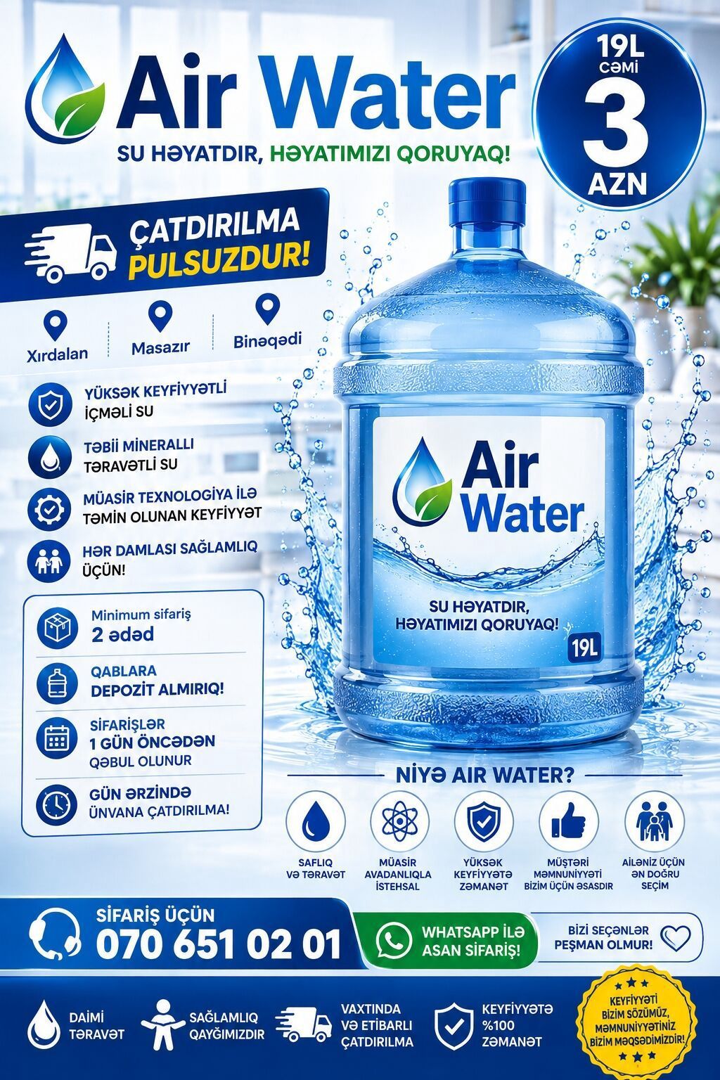 Air Water – 19 litrlik içməli su (cəmi 3 AZN) - Yüksək keyfiyyətli — Qida məhsulları, Xırdalan