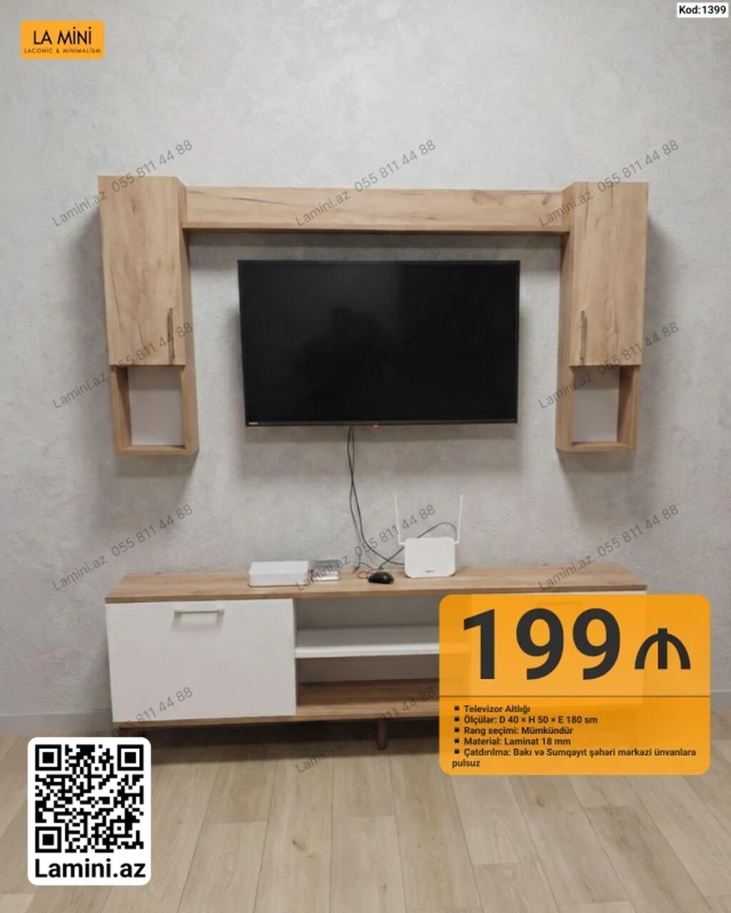TV altlığı və divar üstü rəf dəsti - Model kodu: 1399 - Ölçülər: D 40 — Mebel, Bakı