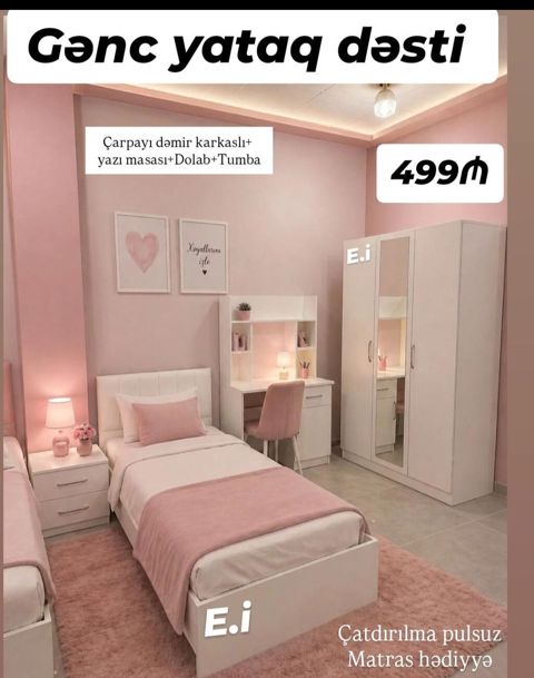 Gənc yataq otağı mebel dəsti — çarpayı, yazı masası, dolab, tumba