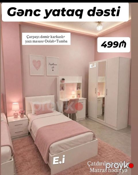 Gənc yataq otağı mebel dəsti — çarpayı, yazı masası, dolab, tumba