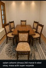 Qonaq otağı üçün, İşlənmiş, Açılan, Dördbucaq masa, 6 stul — Mebel