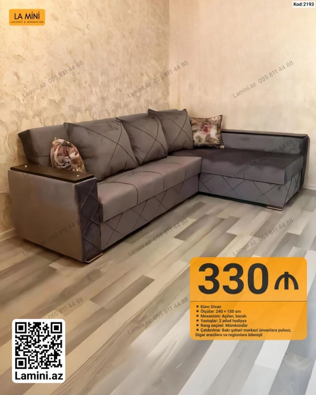 Künc divan – La Mini - Ölçülər: 240 × 150 sm - Mexanizm: Açılan