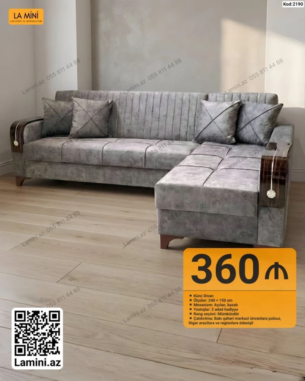 Künc divan – Kod: 2190 - Ölçülər: 240 × 150 sm - Mexanizm: Açılan — Mebel, Bakı