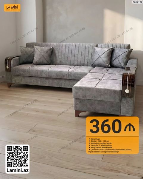 Künc divan – Kod: 2190 - Ölçülər: 240 × 150 sm - Mexanizm: Açılan