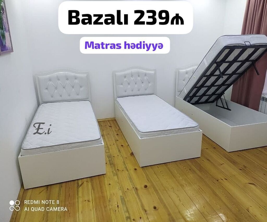 Bazalı tək çarpayı – 239₼ • Rəng: ağ • Başlıq: yumşaq dəri örtüklü — Mebel, Bakı
