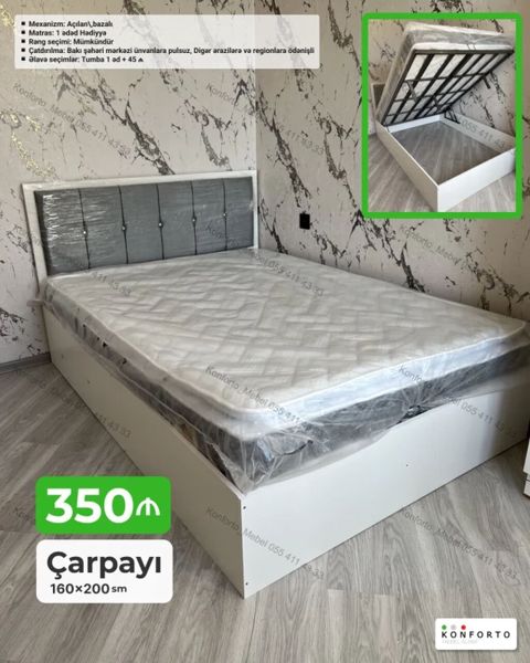 Çarpayı – 160×200 sm - Mexanizm: Açılan, baza ilə - Matras: 1 ədəd