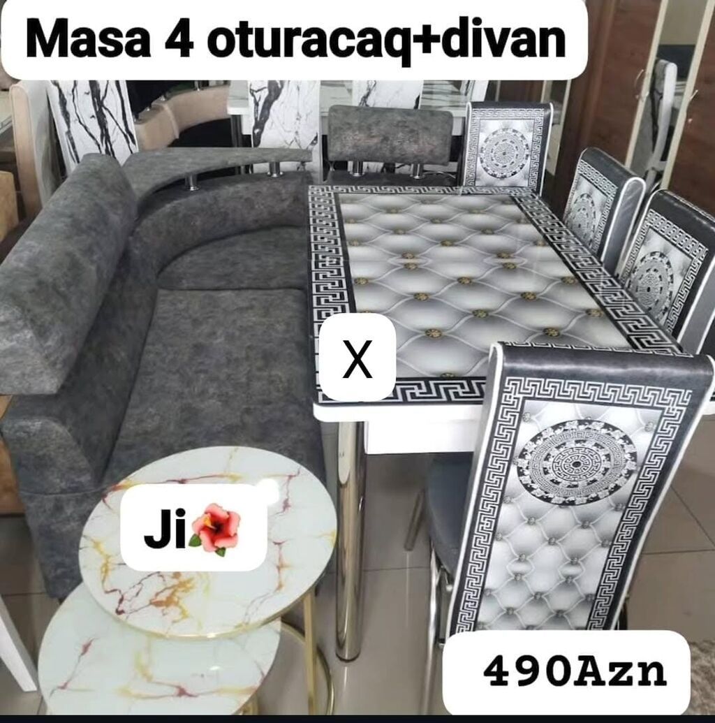 Mətbəx/dinləmə dəsti – Masa + 4 oturacaq + divan - Dəst tərkibi: 1