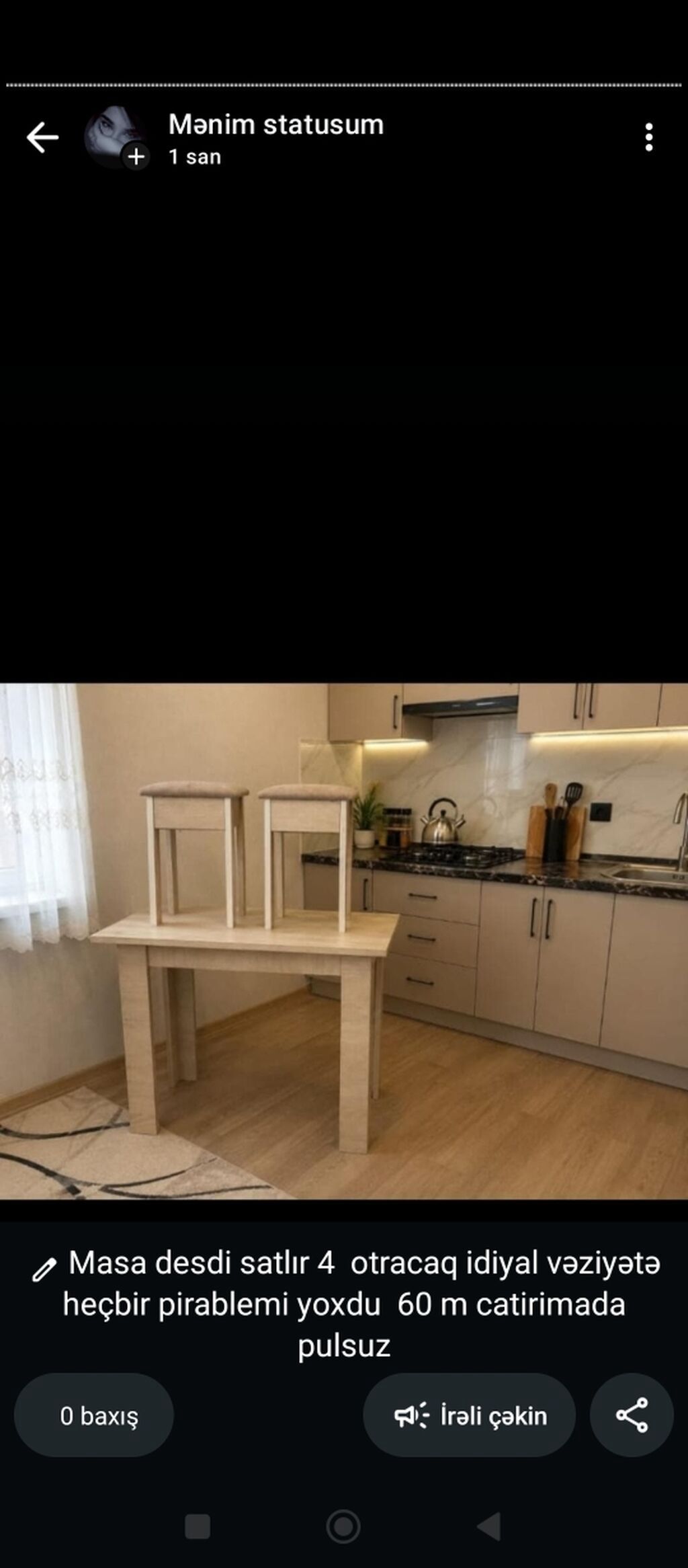 Mətbəx üçün, İşlənmiş, Açılmayan, Dördbucaq masa, 4 stul