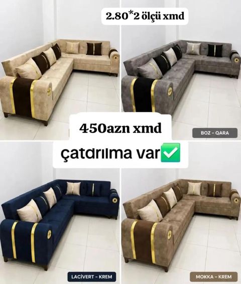 L‑şəkilli yumşaq künc divan - Ölçü: 2.80 m x 2 m - Rəng seçimləri