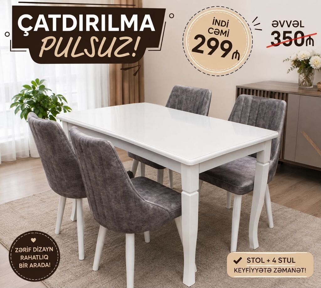 *Masa dəsti* _*MASA +4 STULL💥*_ Masa bağlı: 70×1.20+4stul: *299₼* — Mebel, Bakı