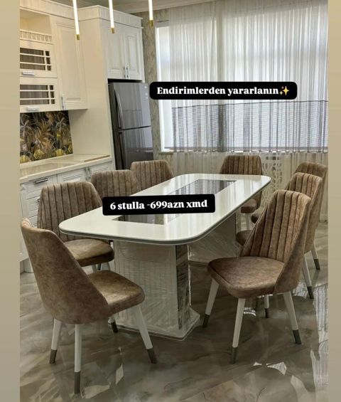 Mətbəx/qonaq otağı üçün modern yemək dəsti - Dəst: 1 masa + 6 stul - — Ucuz serfeli Mebel — Masalar