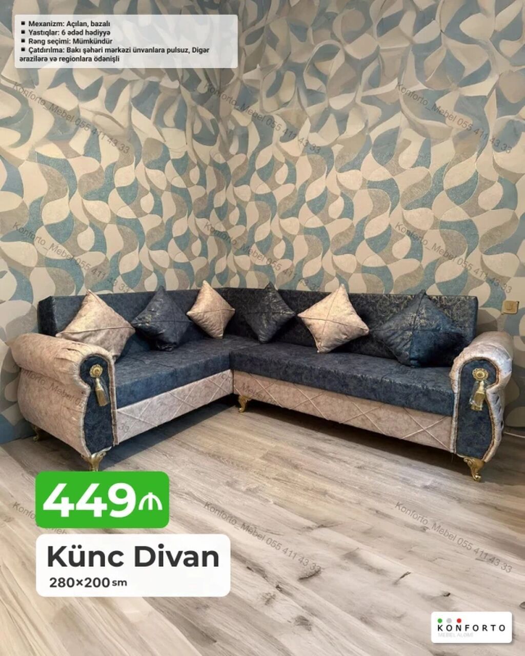 Künc divan – 280×200 sm - Mexanizm: açılan, bazalı (yataq funksiyası