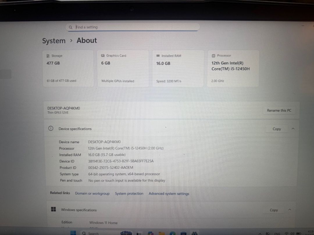 Noutbuk MSI Thin GF63 RTX4050 — Elektronika, Bakı (7)