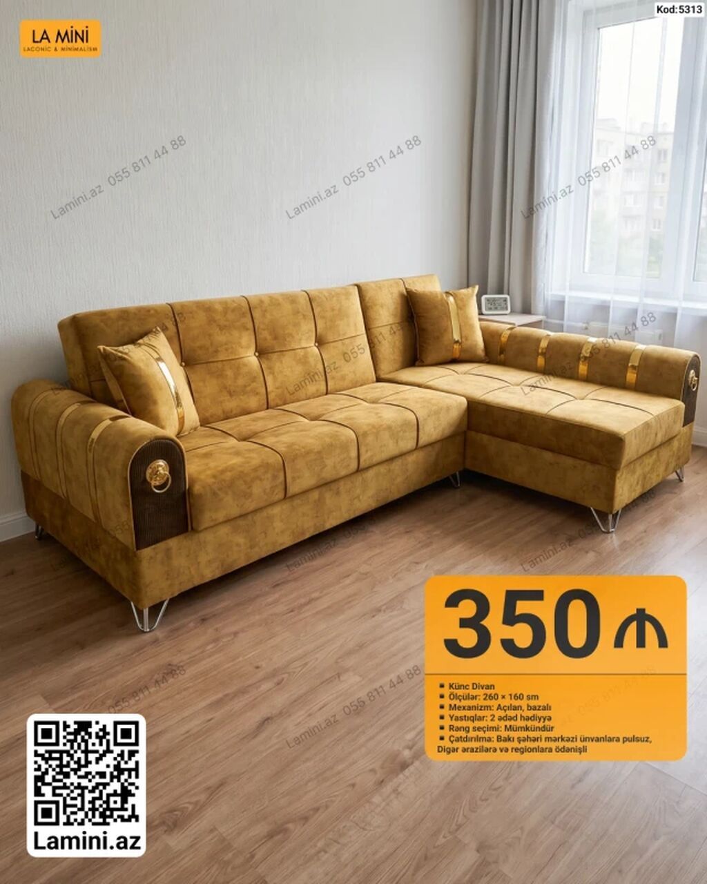 Künc divan – Kod: 5313 - Ölçülər: 260 × 160 sm - Mexanizm: Açılan — Mebel, Bakı