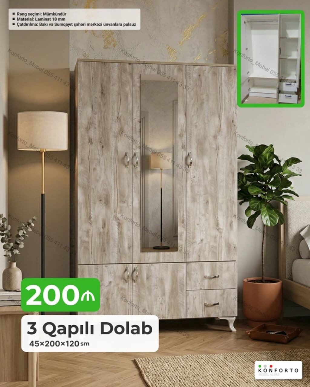 3 qapılı geyim dolabı Ölçü: 45×200×120 sm Xüsusiyyətlər: - Material