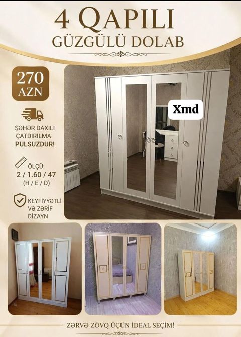 4 qapılı güzgülü dolab - Model: 4 qapılı, iki ədəd tam boy güzgülü