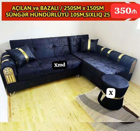 Açılan və bazalı künc divan dəsti — 250 sm × 150 sm