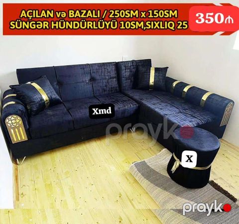 Açılan və bazalı künc divan dəsti — 250 sm × 150 sm