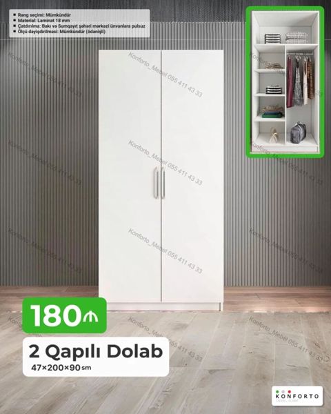2 qapılı dolab – 47×200×90 sm Xüsusiyyətlər: - Material: 18 mm — Konforto Mebel — Şkaflar