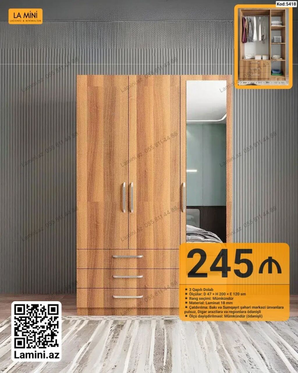 3 qapılı dolab – Kod: 5418 Xüsusiyyətlər: - Ölçülər: Eni 120 sm × — Mebel, Bakı