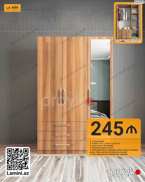 3 qapılı dolab – Kod: 5418 - Rəng seçimi: mümkündür - Material: 18 mm — Bakı