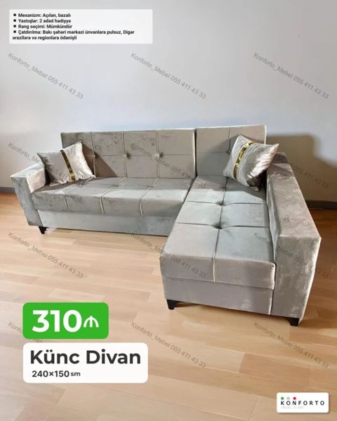 Künc divan – 240×150 sm - Mexanizm: açılan, bazalı - Yastıqlar: 2 — Konforto Mebel — Divanlar