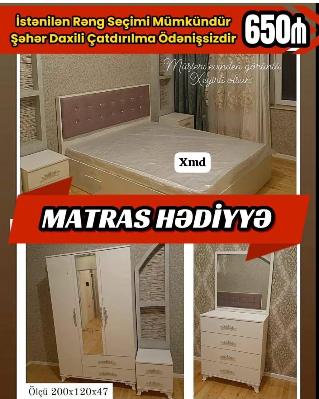 Yataq otağı mobilya dəsti — klassik dizayn, matras hədiyyə