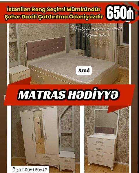 Yataq otağı mobilya dəsti — klassik dizayn, matras hədiyyə
