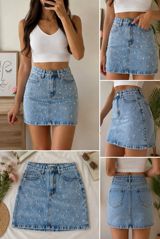 Denim mini ətək – mirvari dekorlu - Material: klassik mavı denim — Ətəklər