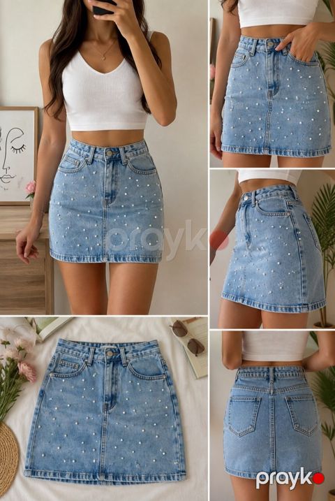 Denim mini ətək – mirvari dekorlu - Material: klassik mavı denim — Bakı
