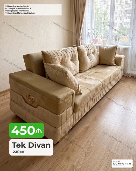 Tək divan – 230 sm - Mexanizm: açılan, bazalı (yatan yerə çevrilir və — Konforto Mebel — Divanlar