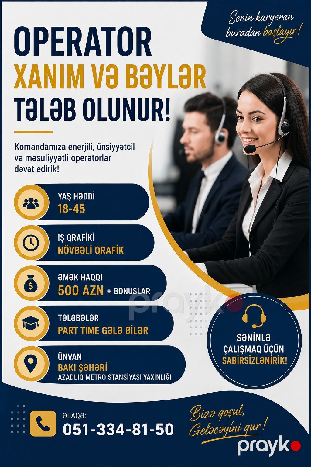 Çağrı mərkəzi operatoru tələb olunur, Tələbələr, Təcrübəsiz, Aylıq ödəniş — Satış, Bakı (2)