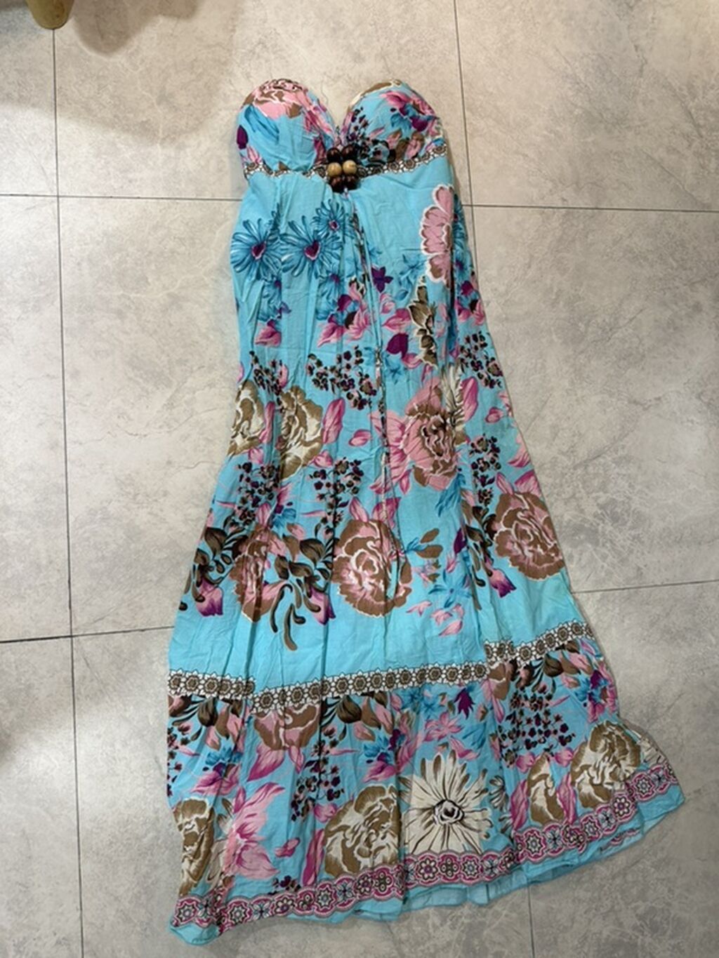 Mavi rəngli, çiçək naxışlı uzun yay libası - Stil: Strapless (korset — Şəxsi əşyalar, Bakı