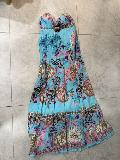 Mavi rəngli, çiçək naxışlı uzun yay libası - Stil: Strapless (korset