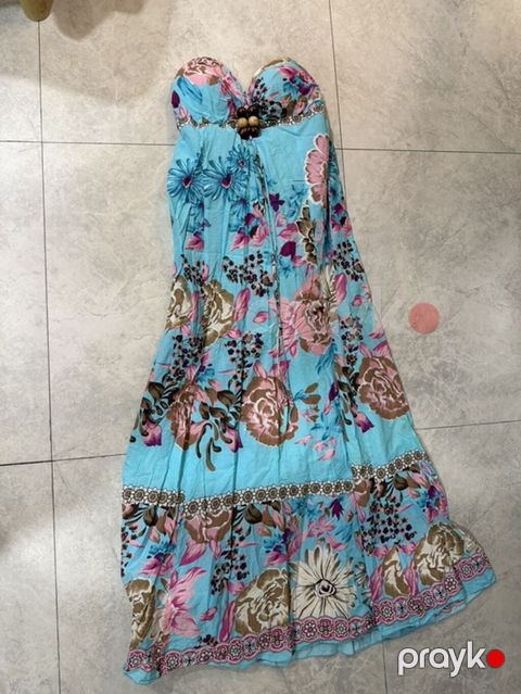 Mavi rəngli, çiçək naxışlı uzun yay libası - Stil: Strapless (korset