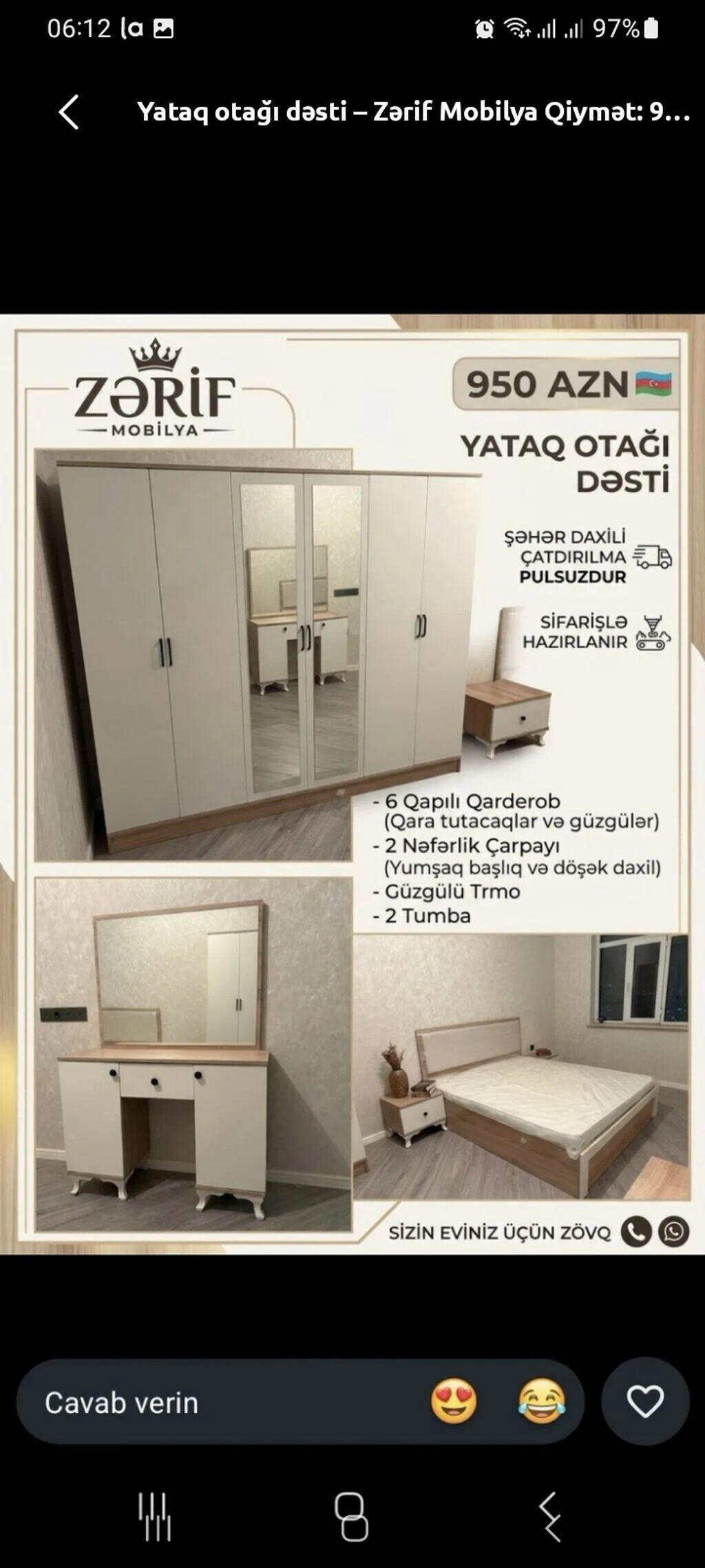 Zərif Mobilya – Yataq otağı dəsti Məzmun: - 6 qapılı qarderob (qara