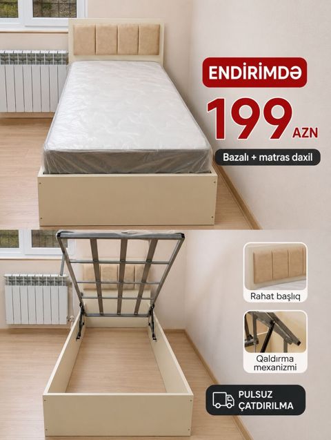 Tek nəfərlik bazalı çarpayı və matras dəsti. Xüsusiyyətlər: - Bazalı