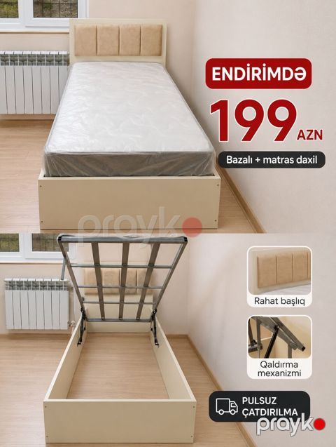 Tek nəfərlik bazalı çarpayı və matras dəsti. Xüsusiyyətlər: - Bazalı