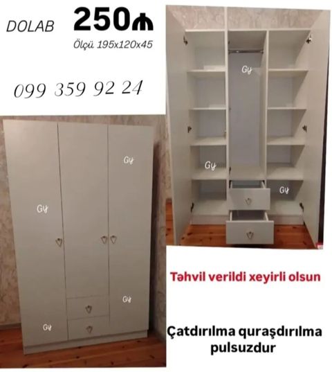 Ağ rəngli 3 qapılı geyim dolabı. Ölçü: 195×120×45 sm. Daxili planlama — sifaris_yeni_mebel_Gülü_Hüseyn — Шкафы