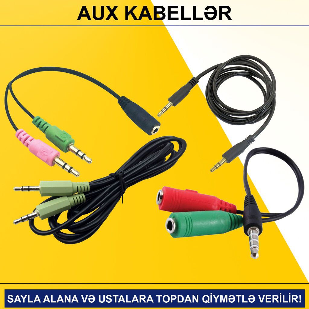 AUX Kabellər ⭐Keçid AUX to Audio+Microphone – 5 AZN (Topdan 3 AZN)