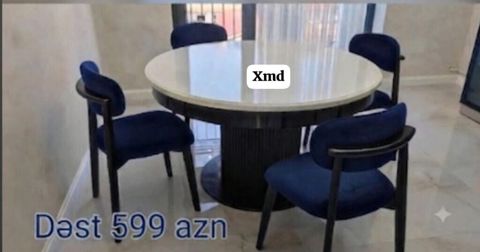 Yemək otağı üçün dairəvi masa və 4 stuldan ibarət dəst. - Masa