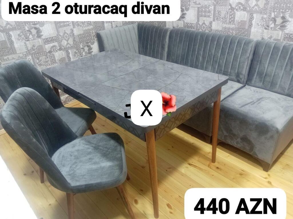 Mətbəx/qonaq otağı üçün dəst: - Masa: mərmər naxışlı boz üstlük