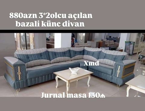Bazalı künc divan – açılan mexanizmli, 3×2 ölçü. - Rəng: mavi‑boz