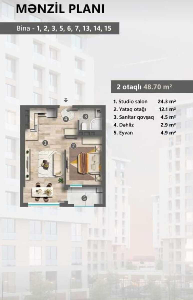 Satılır 2 otaqlı yeni tikili 48.7 m² — Mənzil, Sumqayıt (2)