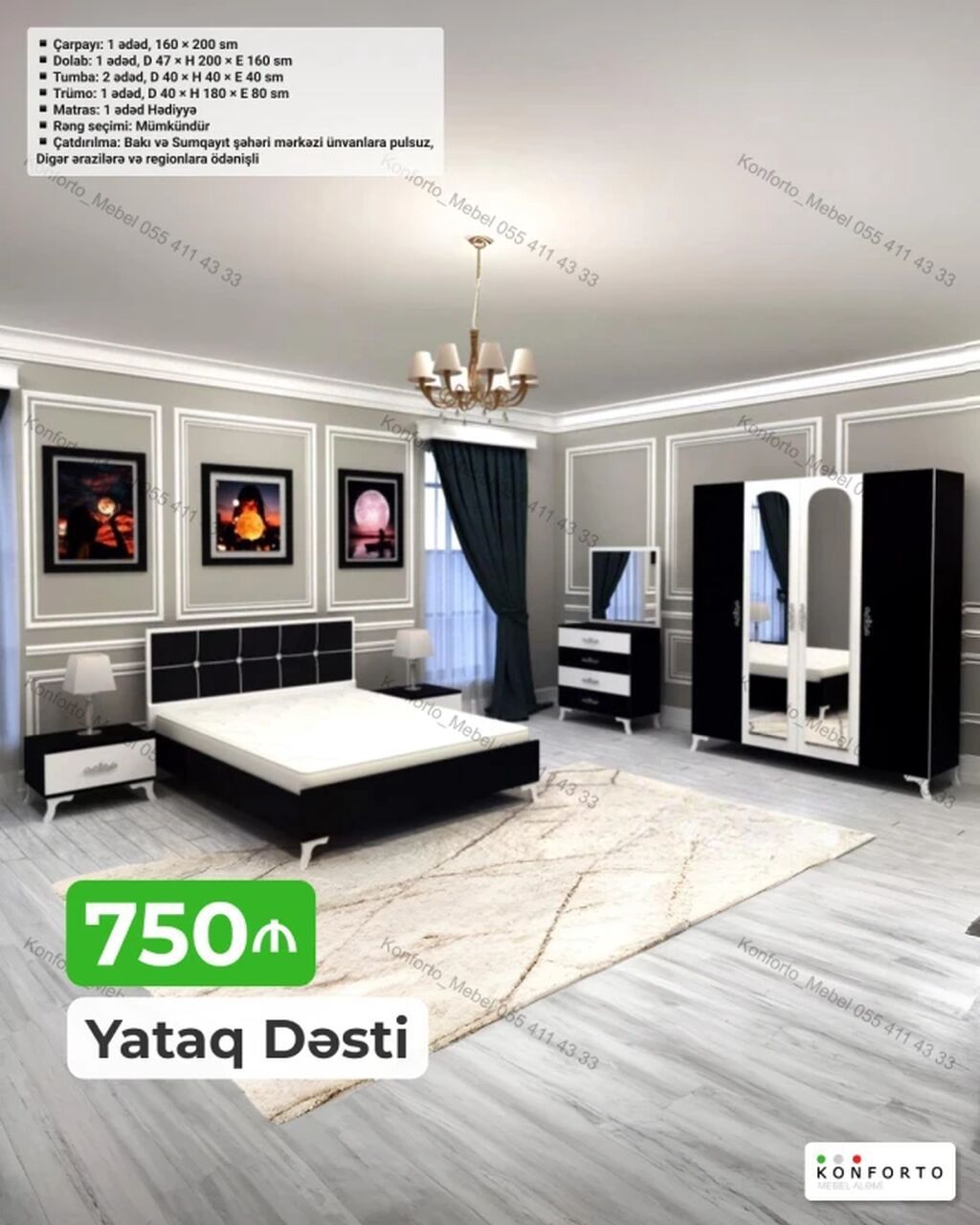 Yataq Dəsti – 750 ₼ Komplektə daxildir: - Çarpayı: 1 ədəd, 160 × 200