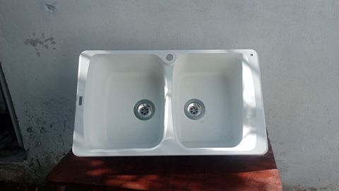 Mətbəx üçün iki gözlü lavabo - Material: kompozit/akril tipli ağ səth