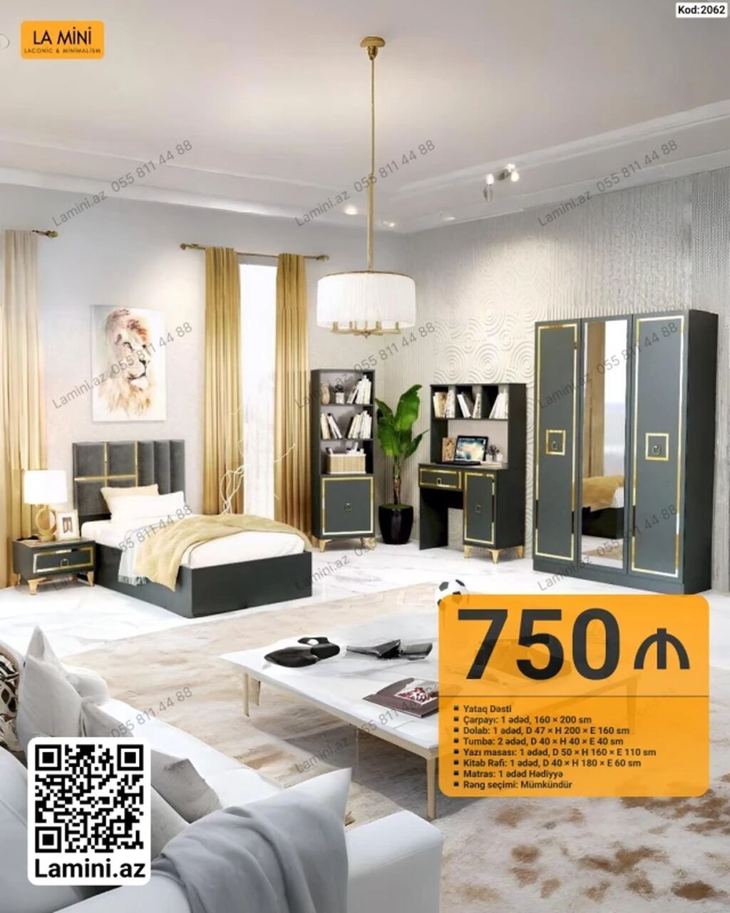 Yataq Dəsti – Kod: 2062 Komplektə daxildir: - Çarpayı: 1 ədəd, 160 × — Mebel, Bakı