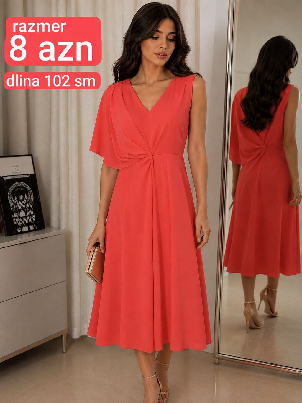 Zərif və diqqətçəkən qadın donu. Model mercan tonunda hazırlanıb və