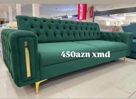 Yaşıl rəngdə yumşaq parça ilə örtülmüş 3 nəfərlik divan. - Klassik — Ucuz serfeli Mebel — Divanlar