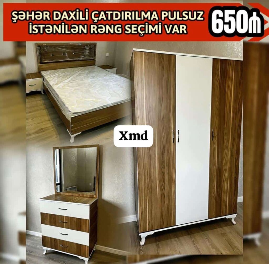 Yataq otağı mebel dəsti — çarpayı, 3 qapılı dolab, güzgülü komod